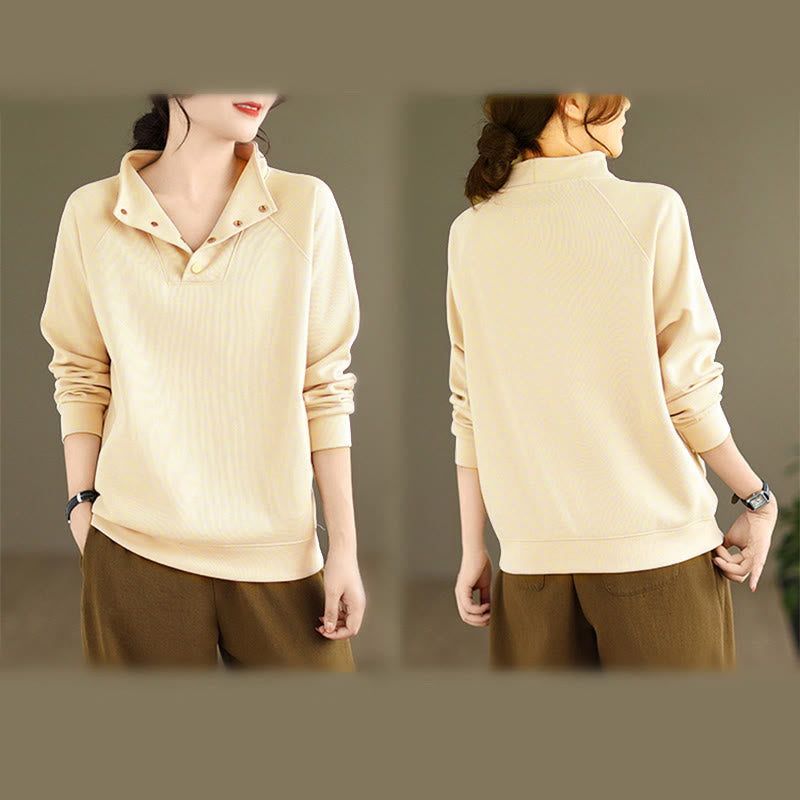 Buddha Stones秋冬 無地 スタンドカラー ボタンデザイン 長袖 レディース コットン スウェットシャツ - image 14