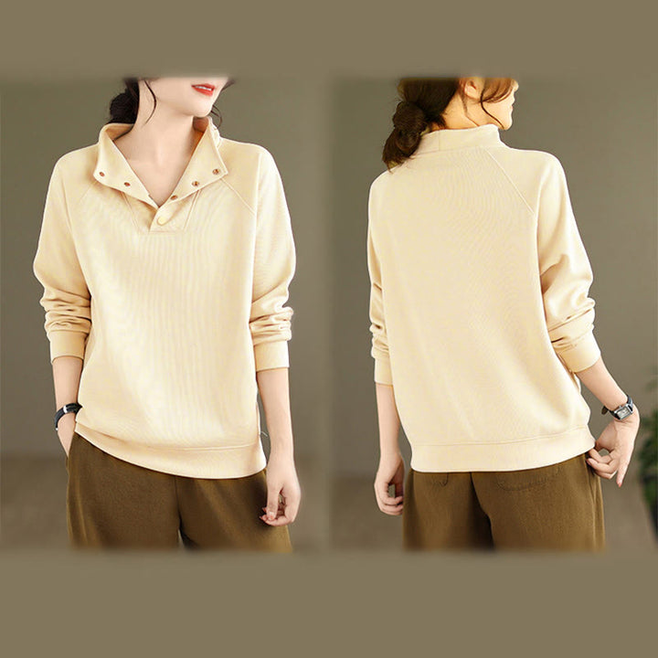 Buddha Stones秋冬 無地 スタンドカラー ボタンデザイン 長袖 レディース コットン スウェットシャツ - image 14