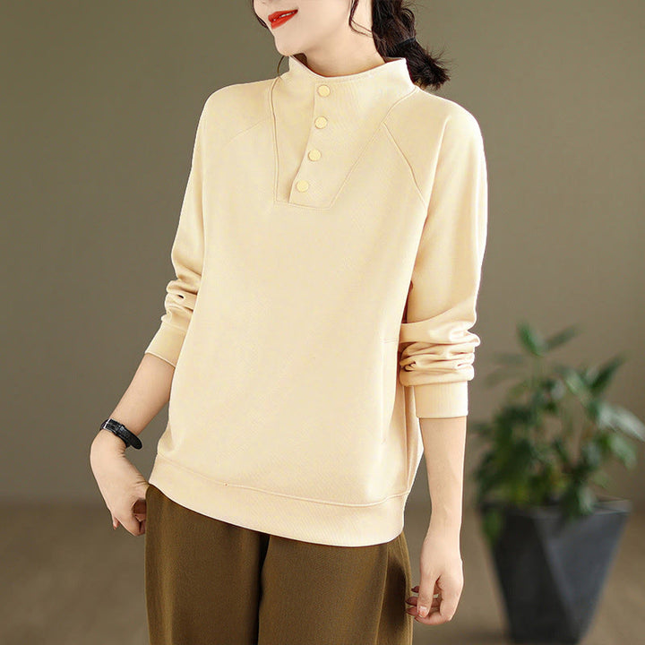Buddha Stones秋冬 無地 スタンドカラー ボタンデザイン 長袖 レディース コットン スウェットシャツ - image 13