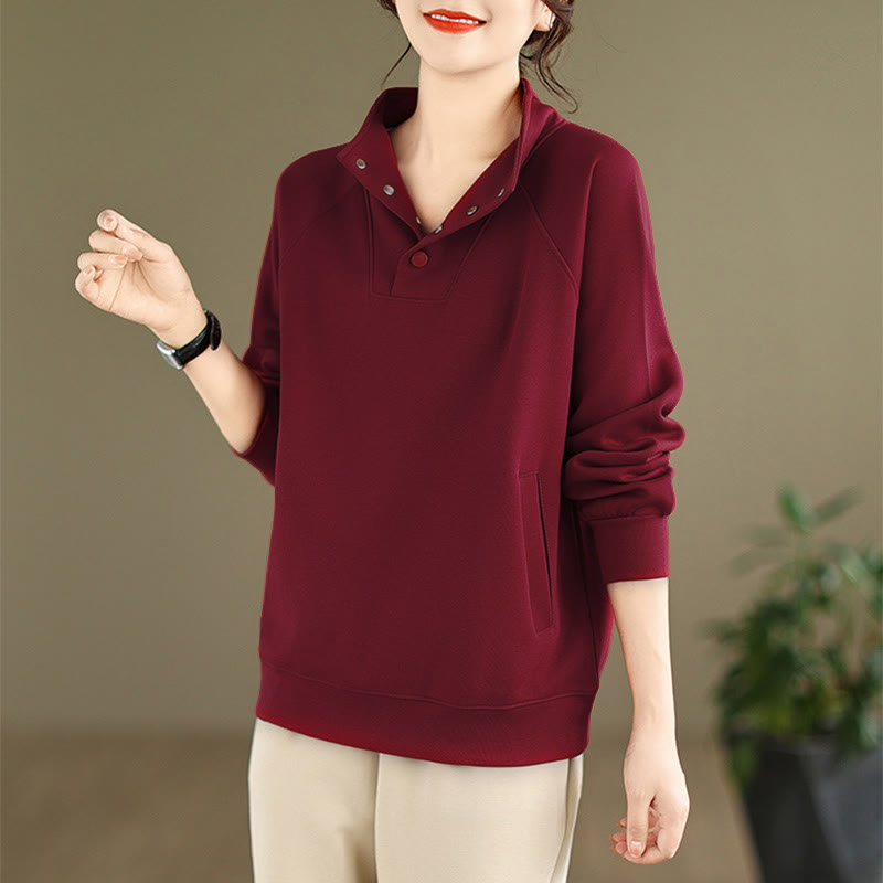 Buddha Stones秋冬 無地 スタンドカラー ボタンデザイン 長袖 レディース コットン スウェットシャツ - image 33