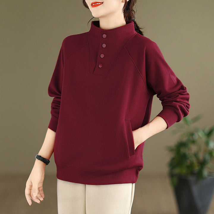Buddha Stones秋冬 無地 スタンドカラー ボタンデザイン 長袖 レディース コットン スウェットシャツ - image 32