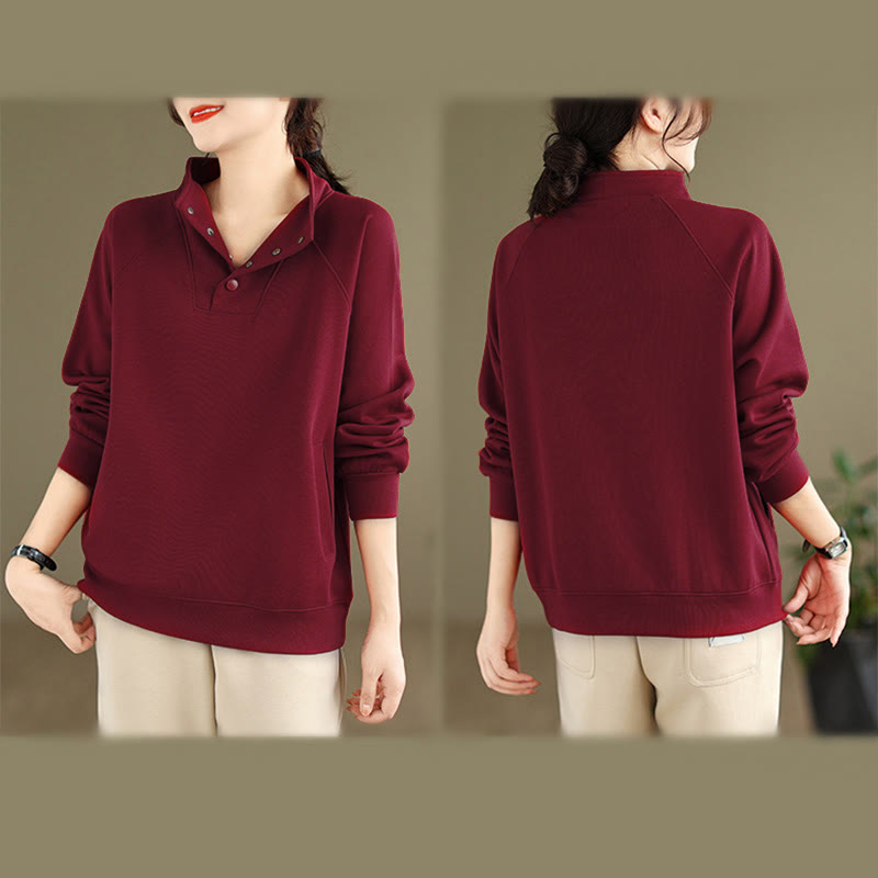 Buddha Stones秋冬 無地 スタンドカラー ボタンデザイン 長袖 レディース コットン スウェットシャツ - image 35