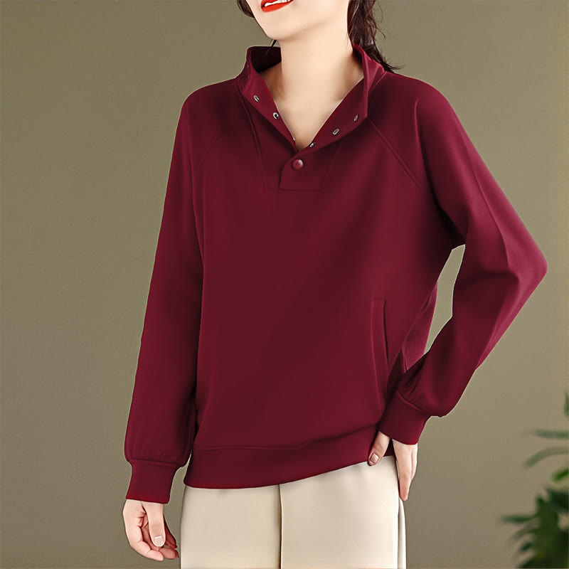 Buddha Stones秋冬 無地 スタンドカラー ボタンデザイン 長袖 レディース コットン スウェットシャツ - image 34