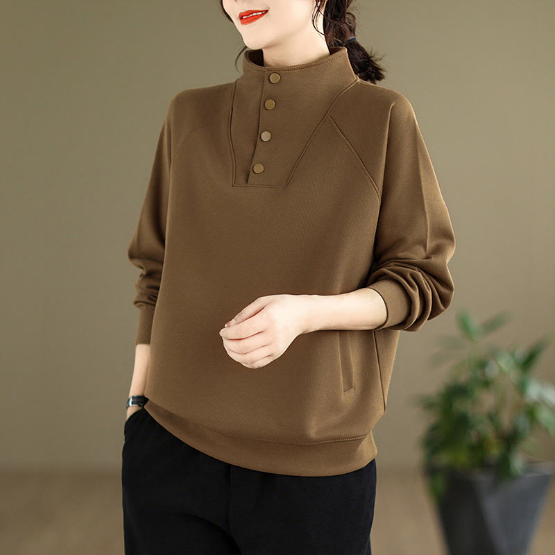 Buddha Stones秋冬 無地 スタンドカラー ボタンデザイン 長袖 レディース コットン スウェットシャツ - サドルブラウン - US8-10，UK/AU12-14，EU40-42 (2XL) - image 26