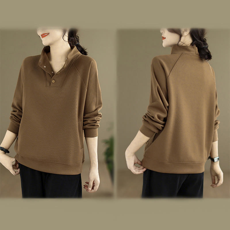 Buddha Stones秋冬 無地 スタンドカラー ボタンデザイン 長袖 レディース コットン スウェットシャツ - image 29