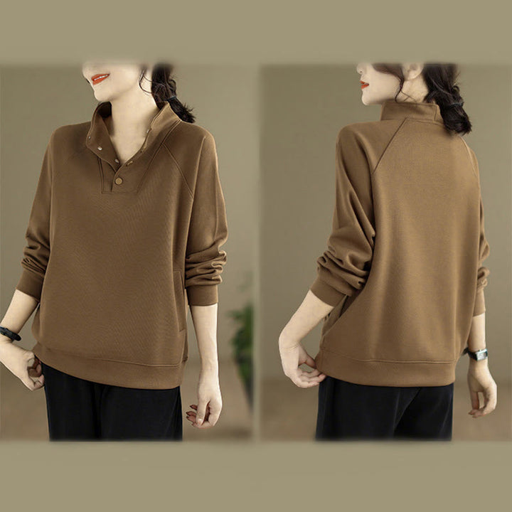 Buddha Stones秋冬 無地 スタンドカラー ボタンデザイン 長袖 レディース コットン スウェットシャツ - image 29