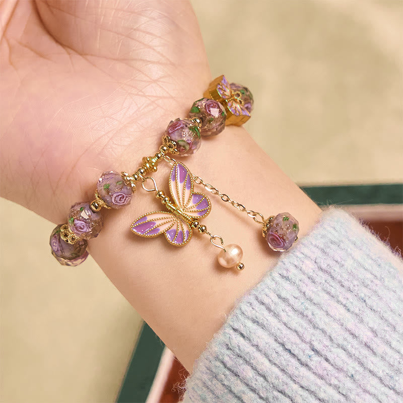 Buddha Stonesダブルバタフライチャームフラワー リューリガラスビーズラブブレスレット - image 4