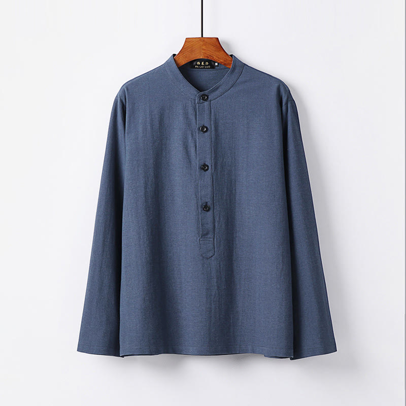 Buddha Stonesシンプル無地ハーフボタンメンズ長袖コットンシャツ - スティールブルー - US/UK/AU46、 EU56 (5XL) - image 0