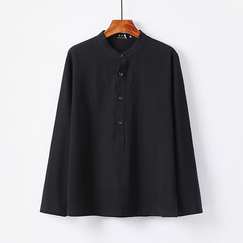 Buddha Stonesシンプル無地ハーフボタンメンズ長袖コットンシャツ - 黒 - US/UK/AU46、 EU56 (5XL) - image 7