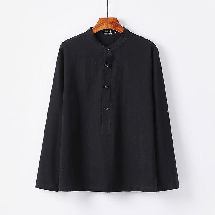 Buddha Stonesシンプル無地ハーフボタンメンズ長袖コットンシャツ - 黒 - US/UK/AU46、 EU56 (5XL) - image 7
