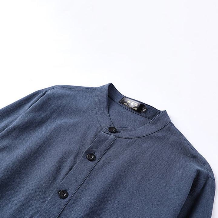 Buddha Stonesシンプル無地ハーフボタンメンズ長袖コットンシャツ - image 2