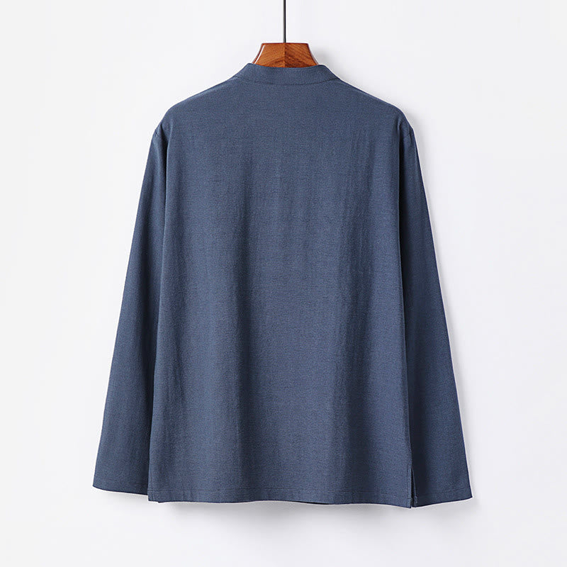 Buddha Stonesシンプル無地ハーフボタンメンズ長袖コットンシャツ - image 1