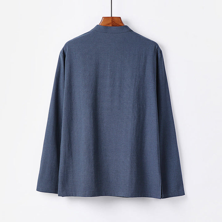 Buddha Stonesシンプル無地ハーフボタンメンズ長袖コットンシャツ - image 1