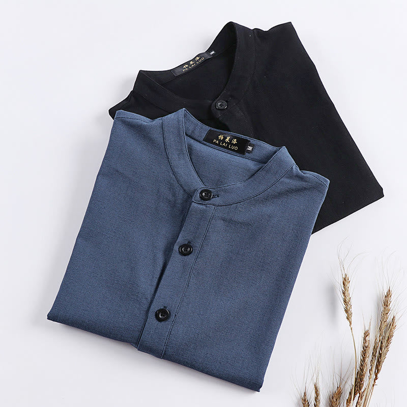 Buddha Stonesシンプル無地ハーフボタンメンズ長袖コットンシャツ - image 10