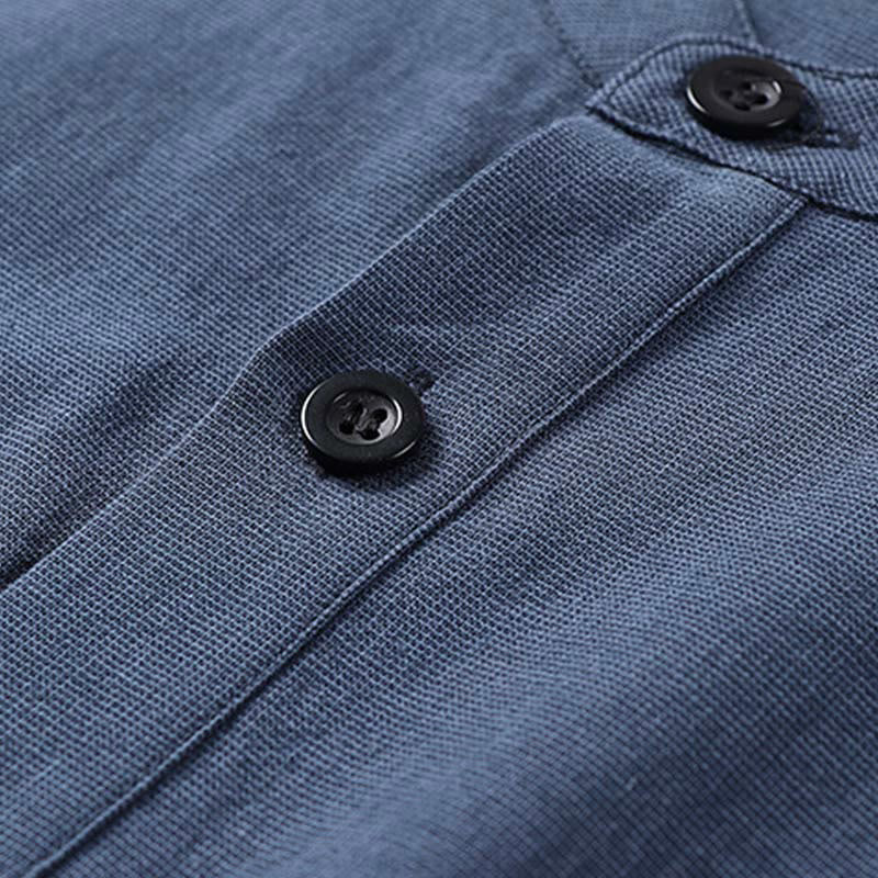 Buddha Stonesシンプル無地ハーフボタンメンズ長袖コットンシャツ - image 3