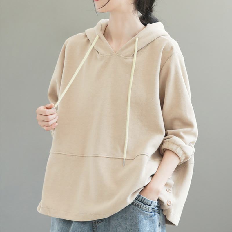 Buddha Stones秋冬 無地 サイドボタン コットン 長袖 レディース パーカー - image 2