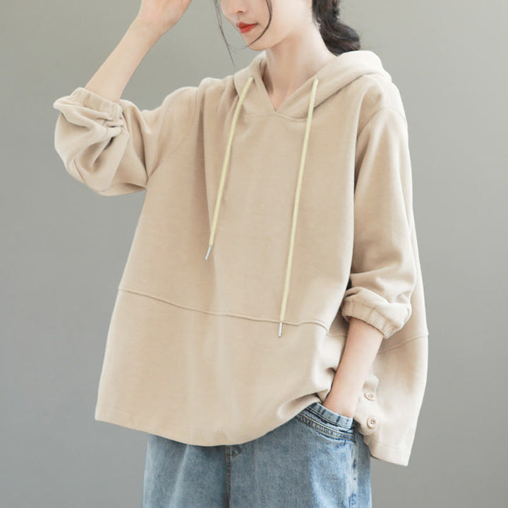 Buddha Stones秋冬 無地 サイドボタン コットン 長袖 レディース パーカー - image 3