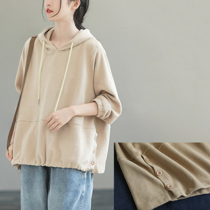 Buddha Stones秋冬 無地 サイドボタン コットン 長袖 レディース パーカー - image 6