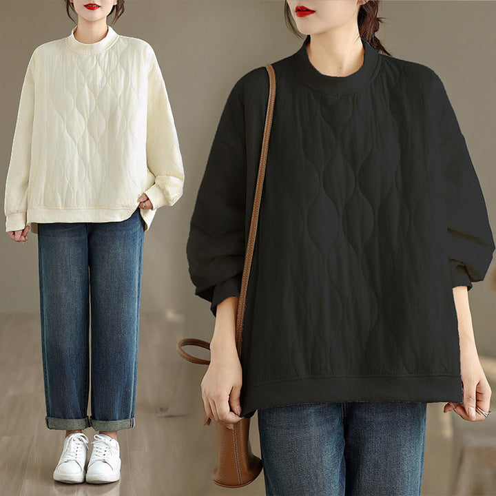 Buddha Stones秋ソリッドカーブデザインクルーネック長袖レディースコットンスウェットシャツポケット付き - image 0