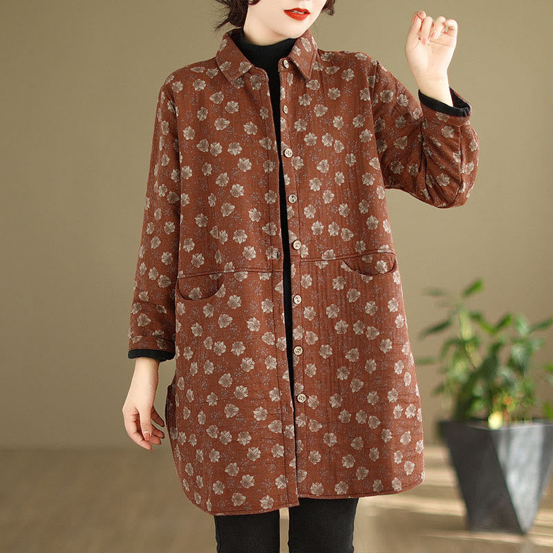 Buddha Stones秋冬 ボタン 花柄 長袖 コットン レディース ジャケット ポケット付き - トマト - US12、 UK/AU16、 EU44 (3XL) - image 13