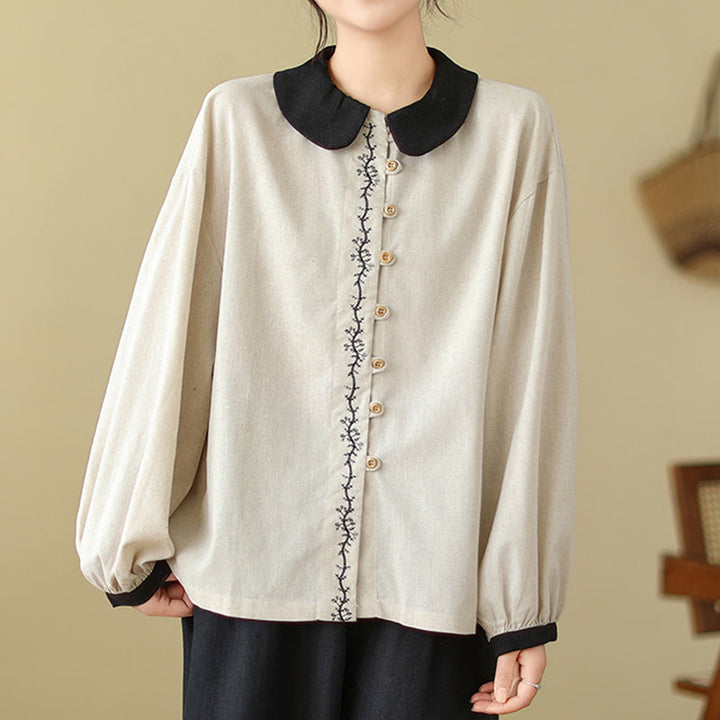 Buddha Stones春 刺繍 ボタン デザイン レディース コットン ピーターパンカラー 長袖シャツ - image 4