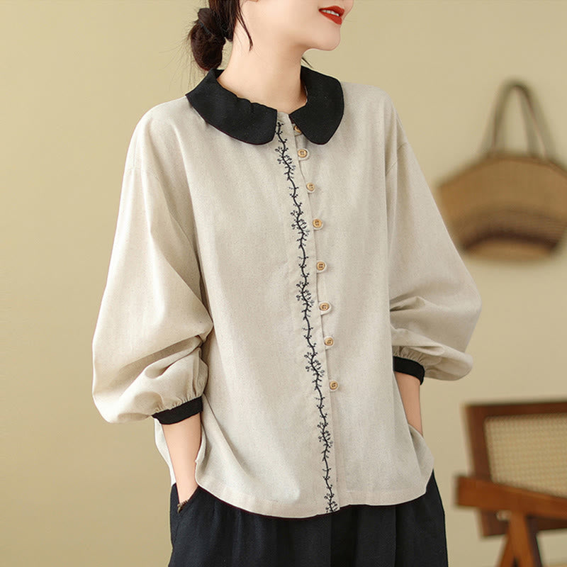 Buddha Stones春 刺繍 ボタン デザイン レディース コットン ピーターパンカラー 長袖シャツ - ベージュ - US8-10，UK/AU12-14，EU40-42 (2XL) - image 0
