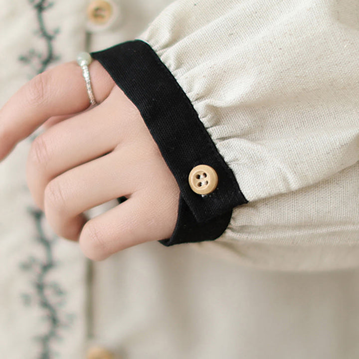 Buddha Stones春 刺繍 ボタン デザイン レディース コットン ピーターパンカラー 長袖シャツ - image 12