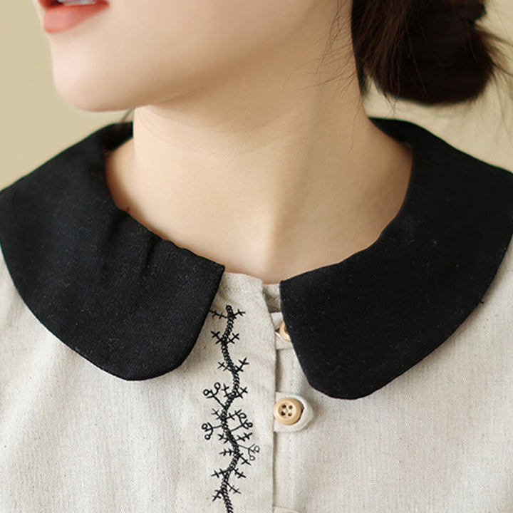 Buddha Stones春 刺繍 ボタン デザイン レディース コットン ピーターパンカラー 長袖シャツ - image 7