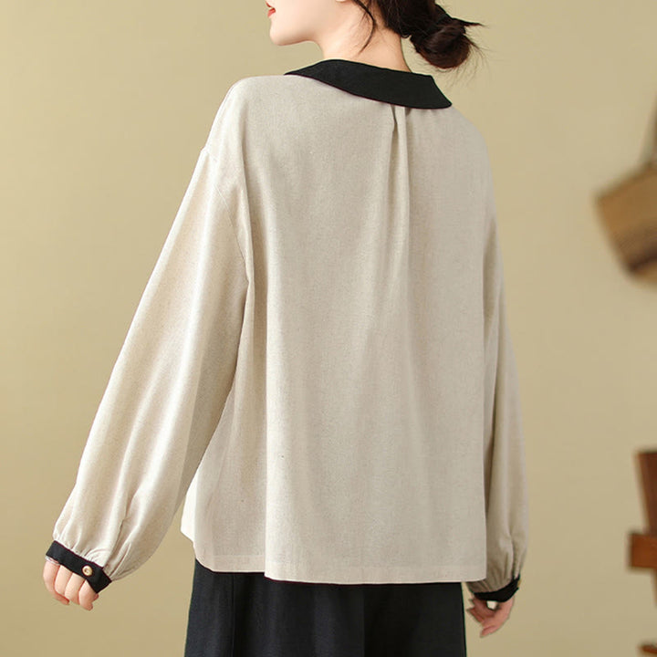 Buddha Stones春 刺繍 ボタン デザイン レディース コットン ピーターパンカラー 長袖シャツ - image 2