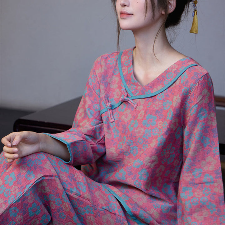 Buddha Stonesカエルボタン 長袖 ラウンドネック シャツ パンツ コットン パジャマセット 2点セット  - image 4