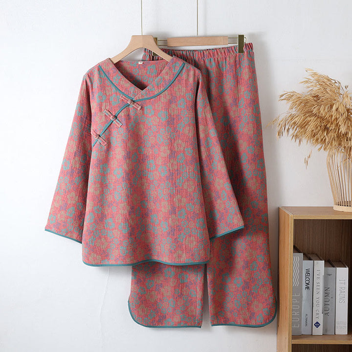 Buddha Stonesカエルボタン 長袖 ラウンドネック シャツ パンツ コットン パジャマセット 2点セット  - ライトコーラル - US6、 UK/AU10、 EU38 (XL) - image 1