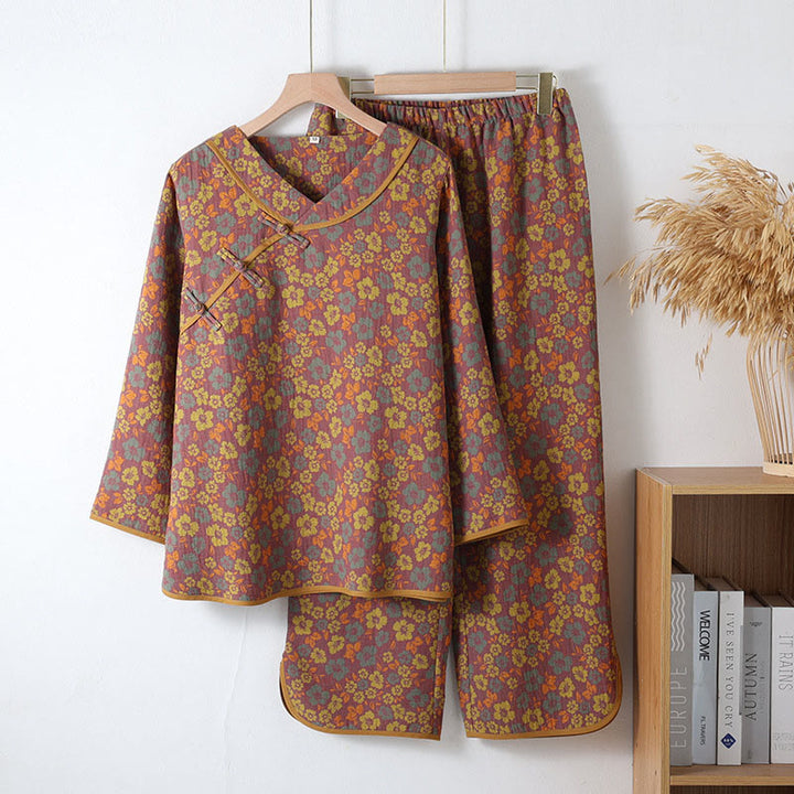 Buddha Stonesカエルボタン 長袖 ラウンドネック シャツ パンツ コットン パジャマセット 2点セット  - ゴールデンロッド - US6、 UK/AU10、 EU38 (XL) - image 11