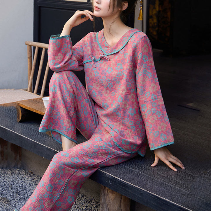 Buddha Stonesカエルボタン 長袖 ラウンドネック シャツ パンツ コットン パジャマセット 2点セット  - image 8