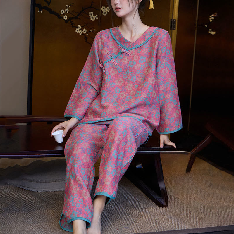 Buddha Stonesカエルボタン 長袖 ラウンドネック シャツ パンツ コットン パジャマセット 2点セット  - image 2