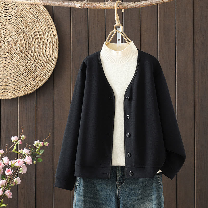 Buddha Stonesシンプル無地 Vネック ボタンダウンデザイン レディース コットン 長袖ジャケット - 黒 - US8-10，UK/AU12-14，EU40-42 (2XL) - image 1