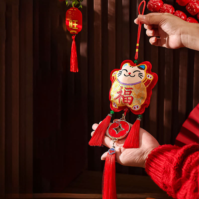 Buddha Stones刺繍 午年福文字 銅貨型赤紐吊り下げ装飾 - 猫ふキャラクター（11×48cm） - image 11