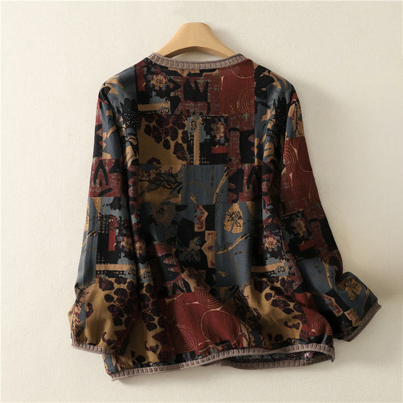 Buddha Stones秋 幾何学模様 パッチワーク Vネック レディース 長袖Tシャツ ポケット付き - image 1