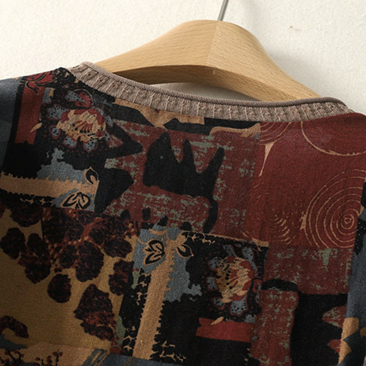 Buddha Stones秋 幾何学模様 パッチワーク Vネック レディース 長袖Tシャツ ポケット付き - image 3