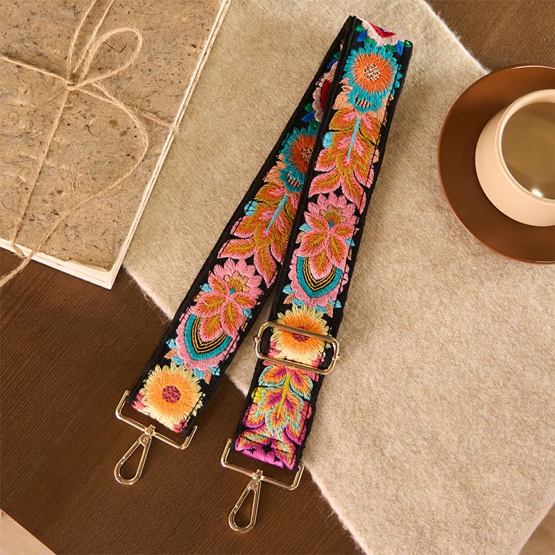 Buddha Stonesマルチカラーフラワー刺繍 調節可能なハンドバッグ クロスボディ ショルダーバッグ ストラップ - 黒 - 75～135×5cm - image 0