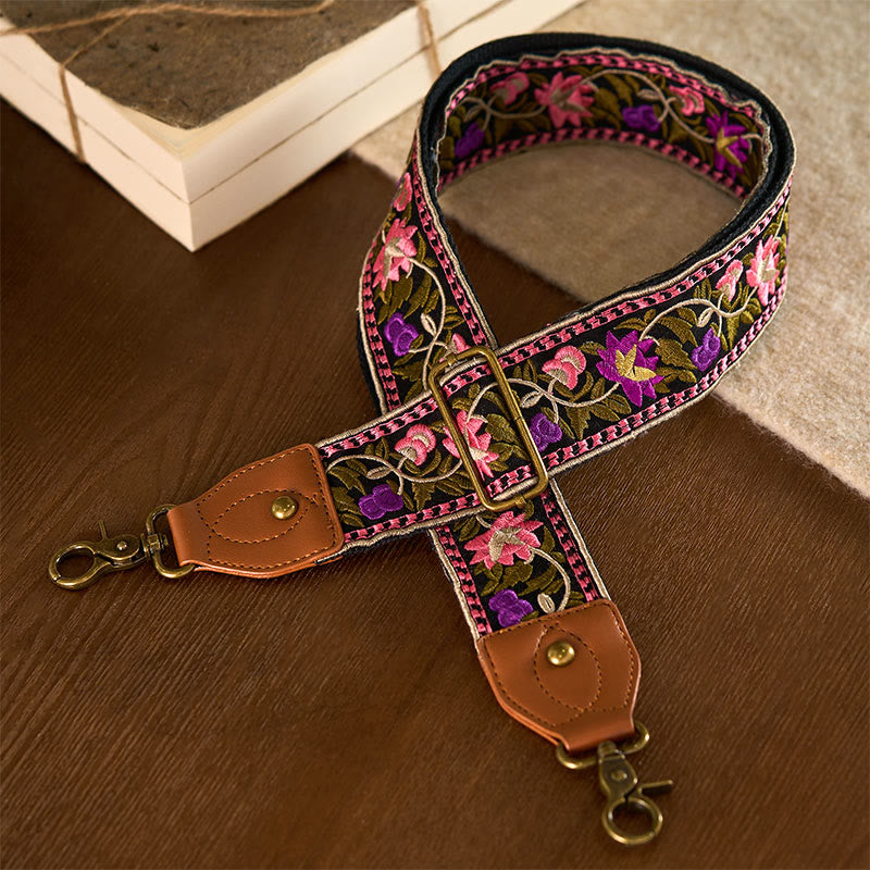 Buddha Stonesボヘミアンフラワーつる幾何学模様刺繍調節可能なハンドバッグクロスボディショルダーバッグ財布ストラップ交換用 - ブラックピンクパープル - 75～135cm×5cm - image 22