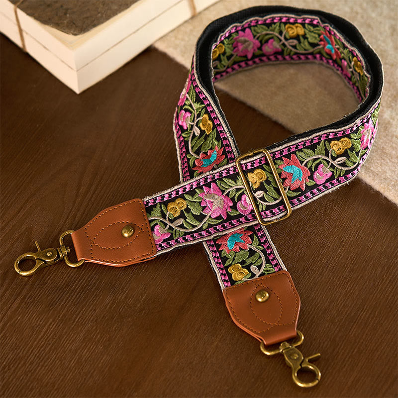 Buddha Stonesボヘミアンフラワーつる幾何学模様刺繍調節可能なハンドバッグクロスボディショルダーバッグ財布ストラップ交換用 - ブラックピンクグリーン - 75～135cm×5cm - image 17