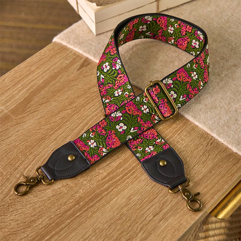 Buddha Stonesボヘミアンローズレッドフラワーグリーンリーフ刺繍調節可能なハンドバッグクロスボディショルダーバッグ財布ストラップ交換用 - グリーンブラック - 85～135cm×5cm - image 0