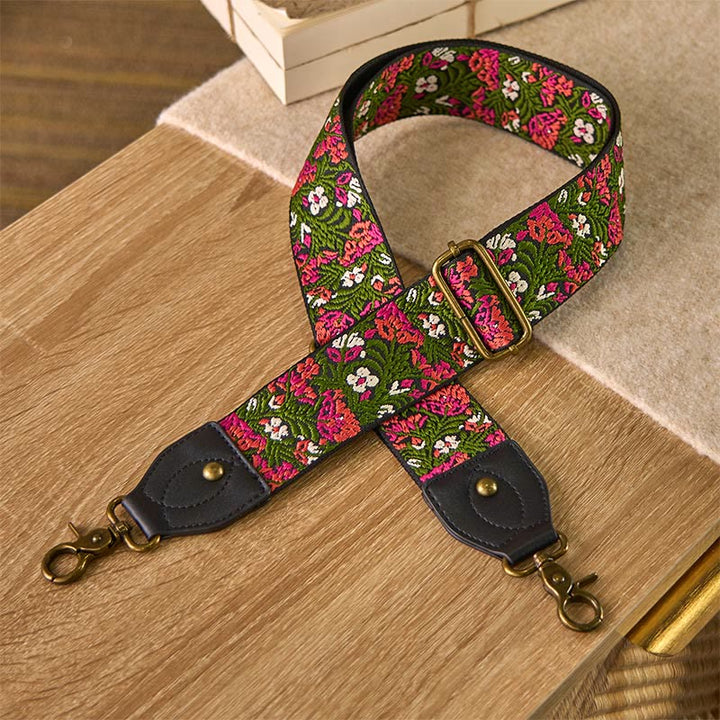 Buddha Stonesボヘミアンローズレッドフラワーグリーンリーフ刺繍調節可能なハンドバッグクロスボディショルダーバッグ財布ストラップ交換用 - グリーンブラック - 85～135cm×5cm - image 0