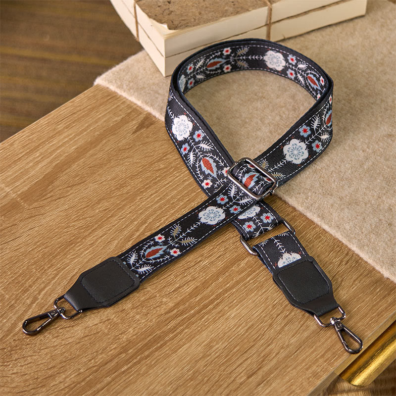 Buddha Stonesボヘミアン ブラックフラワー 幾何学模様 調節可能 ハンドバッグ クロスボディ ショルダーバッグ ストラップ 交換用 - ブラックフラワー - 75～145cm×3.8cm - image 0