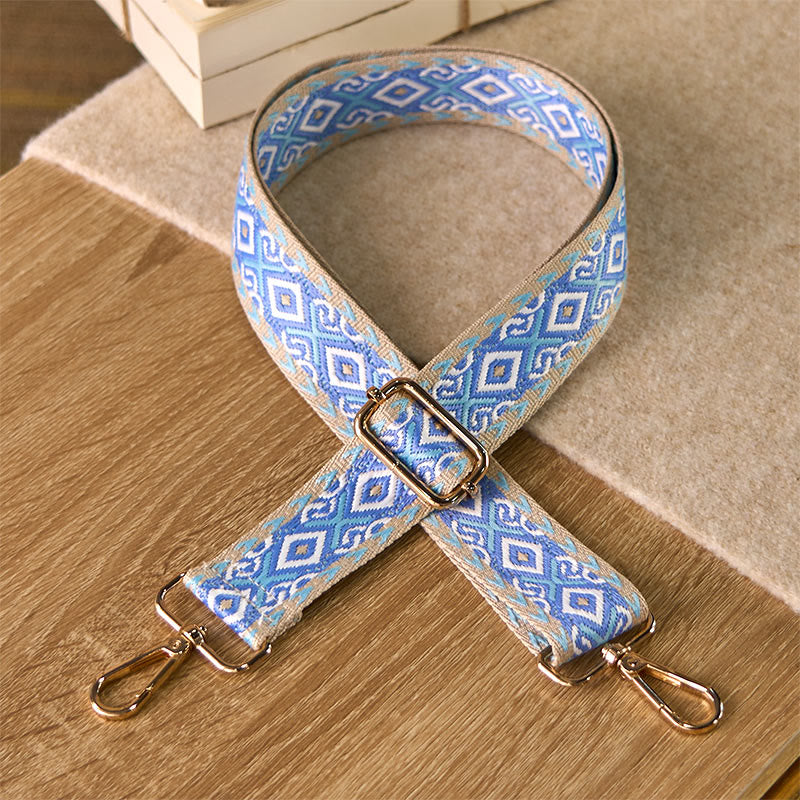 Buddha Stonesボヘミアン 菱形 四辺形 ストライプ 幾何学模様 ジャカード 調節可能 ハンドバッグ クロスボディ ショルダーバッグ ストラップ 交換用 - 青 - 75～145cm×3.8cm - image 0