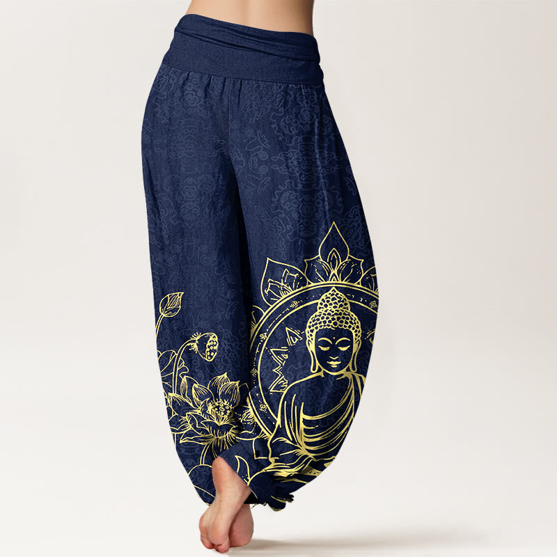 Buddha Stonesピュアコットン クラシック 蓮の花 シードポッド リーフ 仏陀柄 レディース 伸縮性ウエスト ハーレムパンツ - image 6