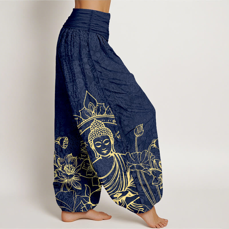 Buddha Stonesピュアコットン クラシック 蓮の花 シードポッド リーフ 仏陀柄 レディース 伸縮性ウエスト ハーレムパンツ - image 7