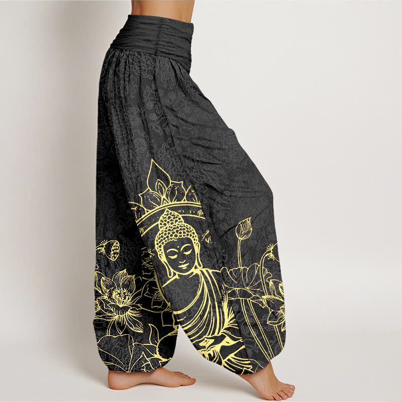Buddha Stonesピュアコットン クラシック 蓮の花 シードポッド リーフ 仏陀柄 レディース 伸縮性ウエスト ハーレムパンツ - image 10