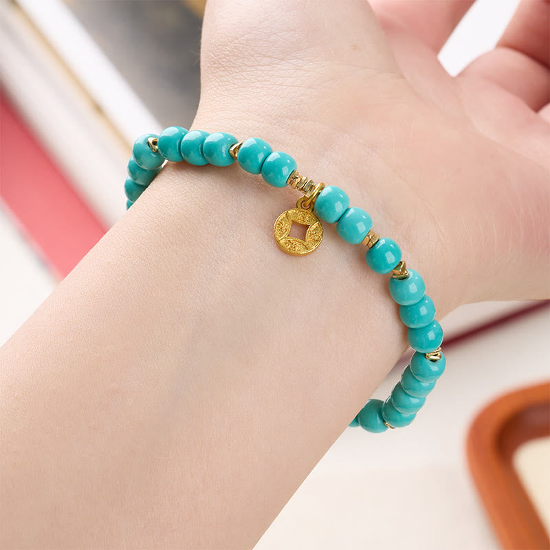 Buddha Stones銅貨チャーム模造ターコイズブレスレット - image 2