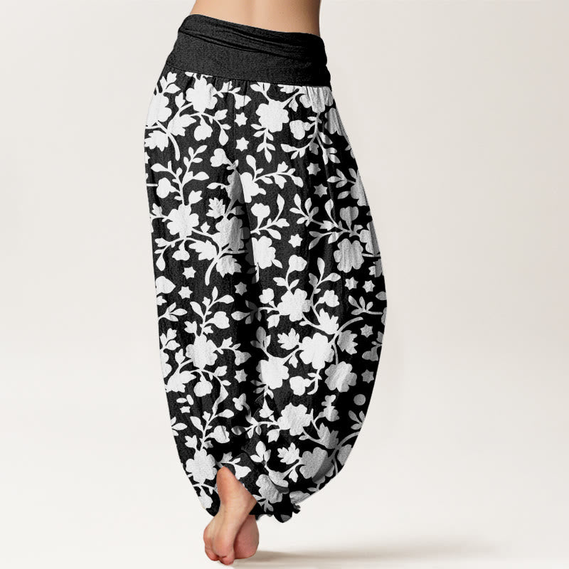 Buddha Stones純綿 ホワイト 花 葉 星柄 レディース 伸縮性ウエスト ハーレムパンツ - image 9